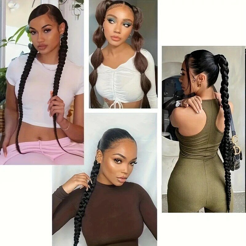 Ponytail Extensions Synthetic Boxing Braids Wrap Around Chignon Tail With Rubber Band Hair Ring 26 Inch Brown Ombre Braid DIY