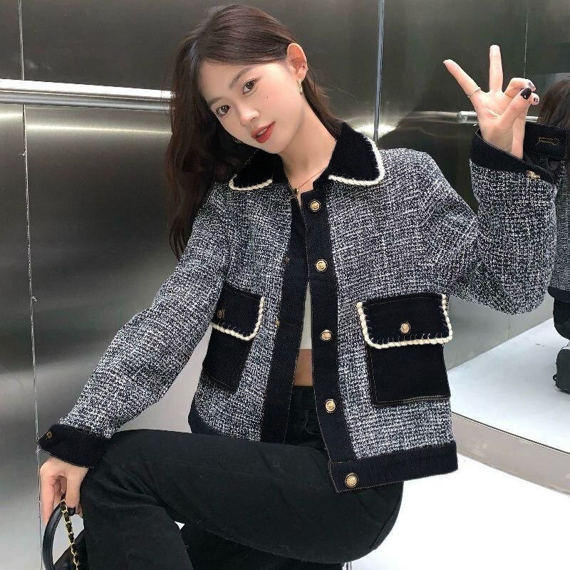 2024 Women Celebrity Loose Fashion Short Versatile Jacket Top Autumn Winter Female New Korean French Retro Small Fragrance Coat