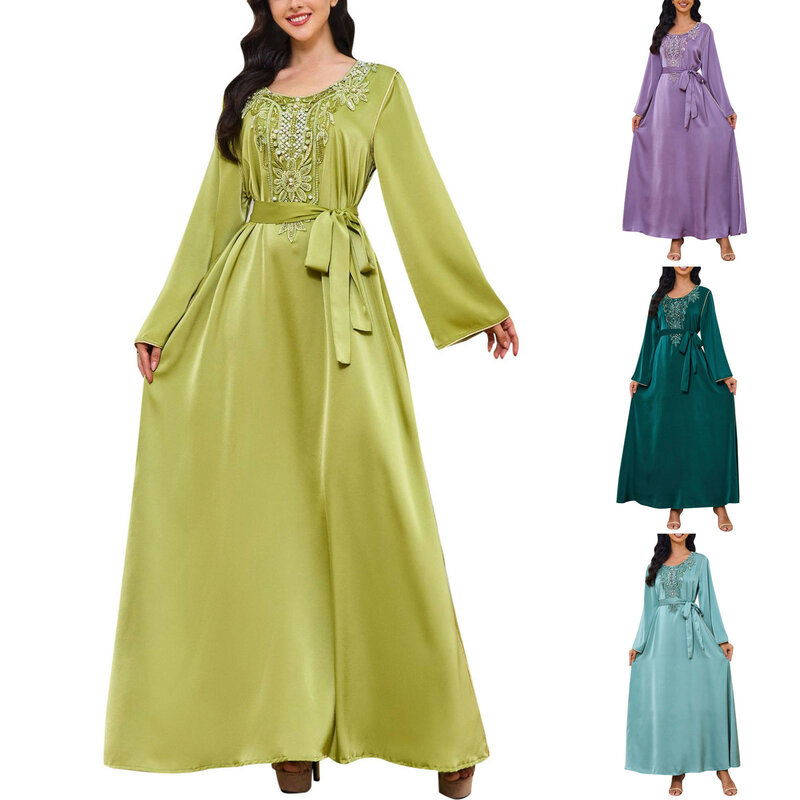 Женское Повседневное платье с круглым вырезом, длинное платье в мусульманском стиле с цветочным принтом и бусинами, лето