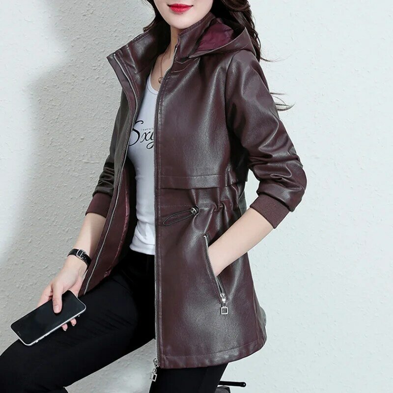 PU Leather Jacket for Women, Motorcycle Overcoat, Lace-Up, Slim Long Leather, Windbreaker Coat, Female Outwear, Spring, Autumn