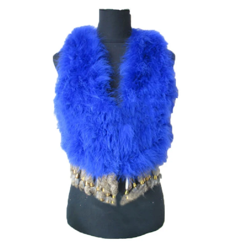Gilet invernale con scialle in vera pelliccia di piume di struzzo da ragazza nero blu