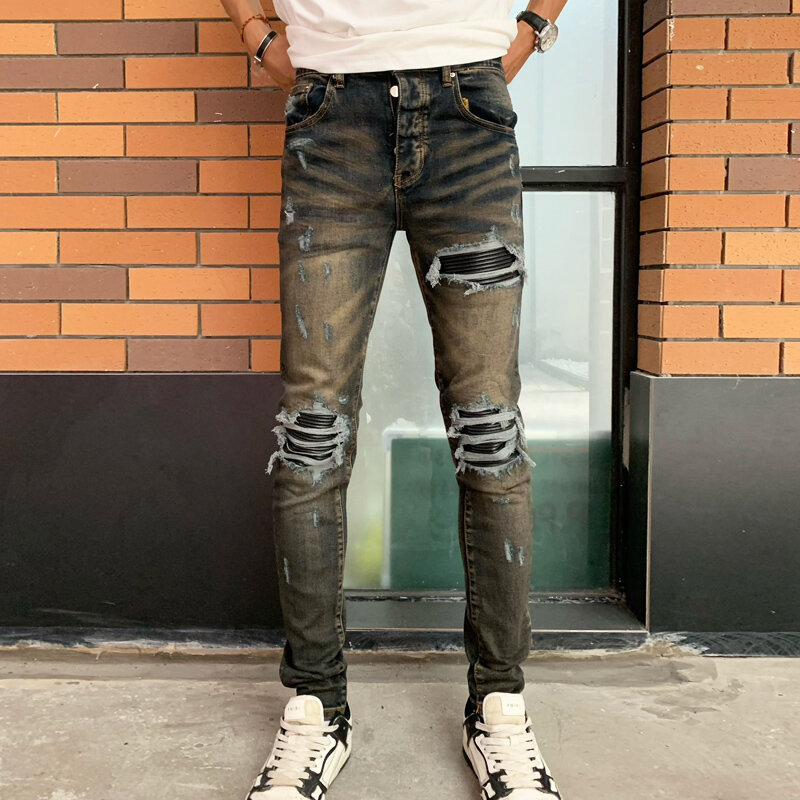 Pantalones vaqueros de moda para hombre, Jeans Vintage lavados elásticos, ajustados, divididos en azul y negro, Panel de cuero, diseñador de marca Hip Hop P