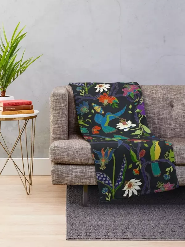 Hummingbirds and Passionflowers - Cloisonne on Black - pretty floral bird pattern by Cecca Designs Throw Blanket Custom Blankets