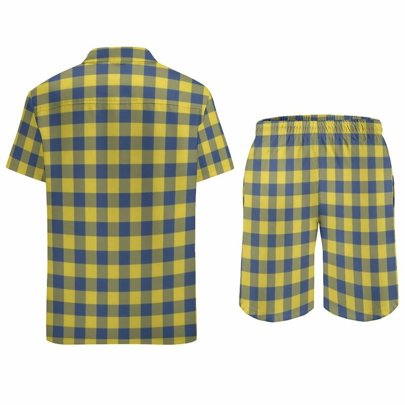 Conjunto de camisa hawaiana a cuadros Retro para hombre, traje de playa de talla grande, pantalones cortos de diseño de manga corta, amarillo y azul, informal, Verano