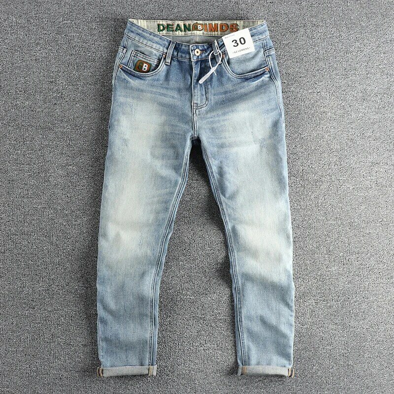 Summer fashion men new simple wash light blue ground white jeans retro fashion brand small straight casual pants