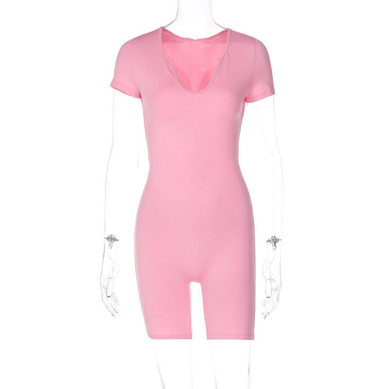 Bkld Sommer Outfits für Frauen neue Kurzarm einfarbig rosa V-Ausschnitt Mode aushöhlen offenen Rücken schlanken Stram pler für Frauen