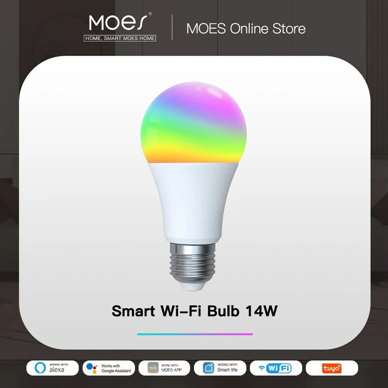 Lâmpada LED Inteligente Regulável, Wi-Fi, 14W, RGB C + W, E27, Mudança de Cor, 2700K-6500K, Controle de Aplicativo Tuya Smart, Trabalhe com Alexa, Google