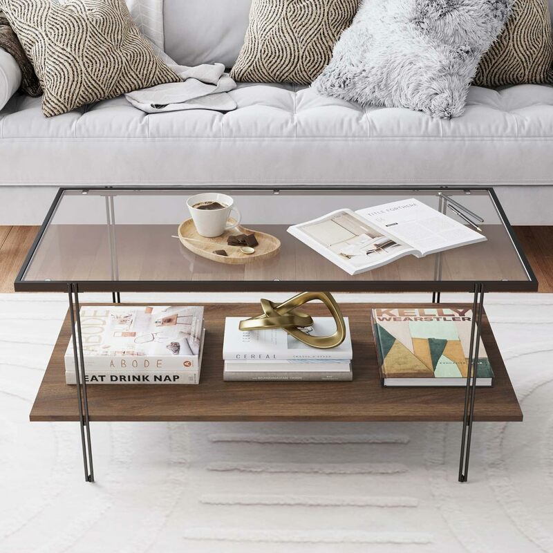Rectangular coffee table with glass top and wood veneer storage rack, metal legs, walnut/black