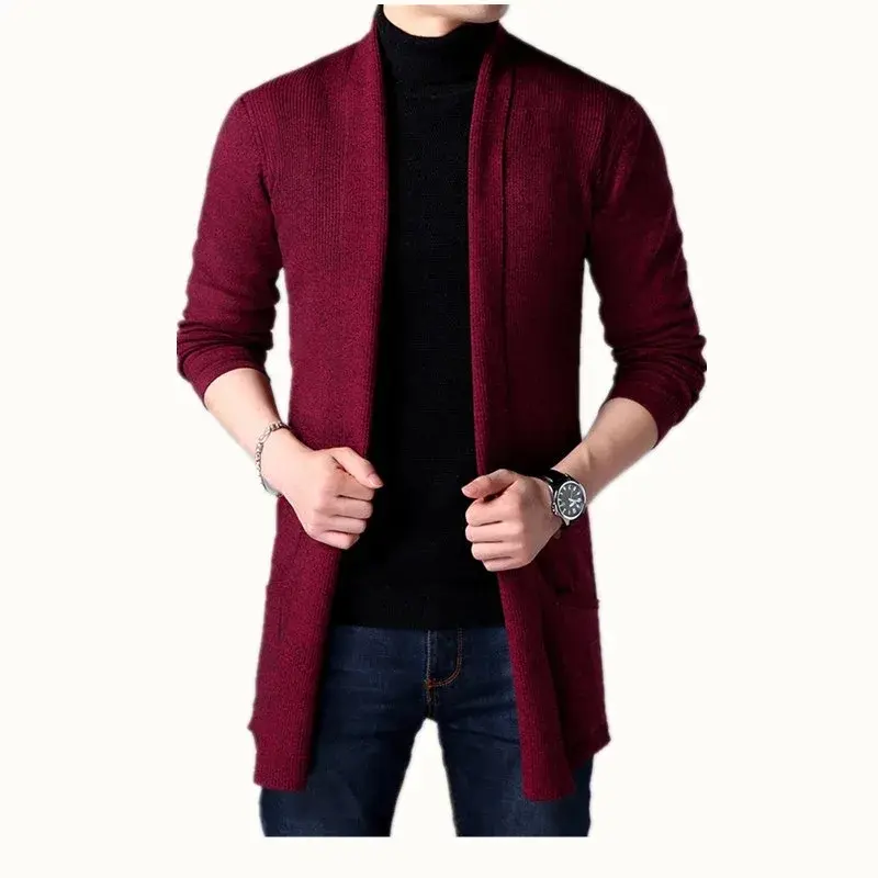 Мужской свитер, пальто, новинка 2024, осенняя мужская облегающая длинная однотонная вязаная куртка, модный Мужской Повседневный свитер, кардиган, пальто