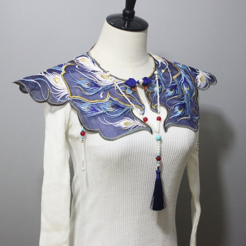 Collar falso bordado estilo chino, Collar con flecos y patrón Floral para mujer y niña, disfraz antiguo chino decorativo