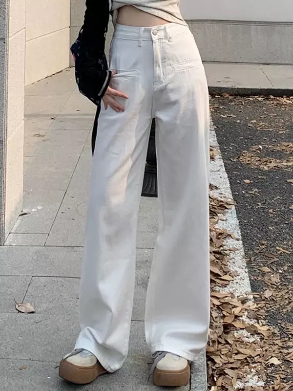 Summer Solid Color High Waist Slim Straight Casual Female Jeans White Classic Loose Fashion Simple Vintage Female Wide Leg Pants