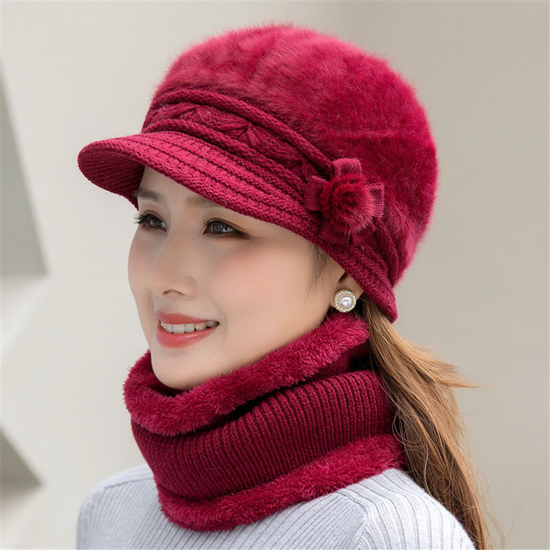 Conjunto de chapéu e cachecol de pele de coelho feminino, chapéu de malha feminino, boné quente, casual, quente, inverno