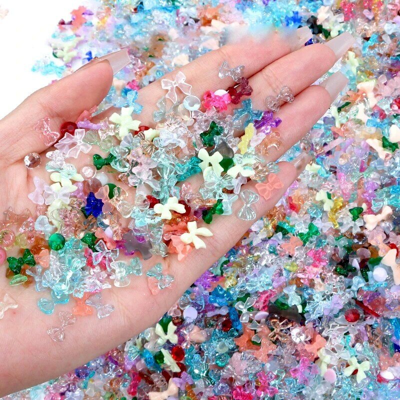 1Bag Mix Colorful Jelly Clear Ribbon Bowknot Nail Charms Heart Pearls Flower Flat-back Gems Parts Nail Art Manicure Decorations
