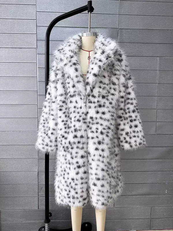 2024 Winter Faux Fox Fur Coat Women Fashion Turn Down Collar Leopard Print Long Fluffy Jacket Thick Warm Windproof Plush Outwear