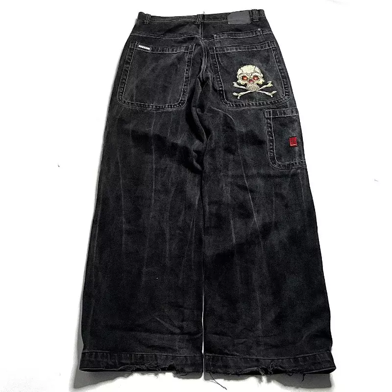 JNCO Jeans Harajuku Hip Hop modis antik kualitas tinggi bordir tengkorak longgar Jeans Y2K Gothic celana kaki lebar pinggang tinggi