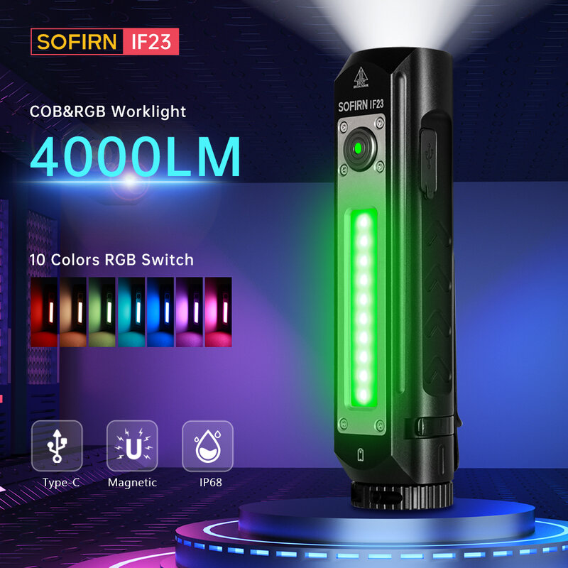 Sofirn IF23 RGB lampu 4000lm senter LED kuat 21700 5V 3A USB C lampu sorot lampu sorot isi ulang dengan magnet