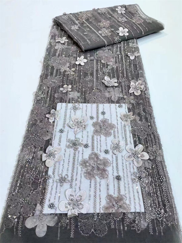 Tule africano tecido de renda com lantejoulas, artesanal frisado pano de renda, vestidos de baile miçangas, alta qualidade, beleza, 5 jardas, 2024