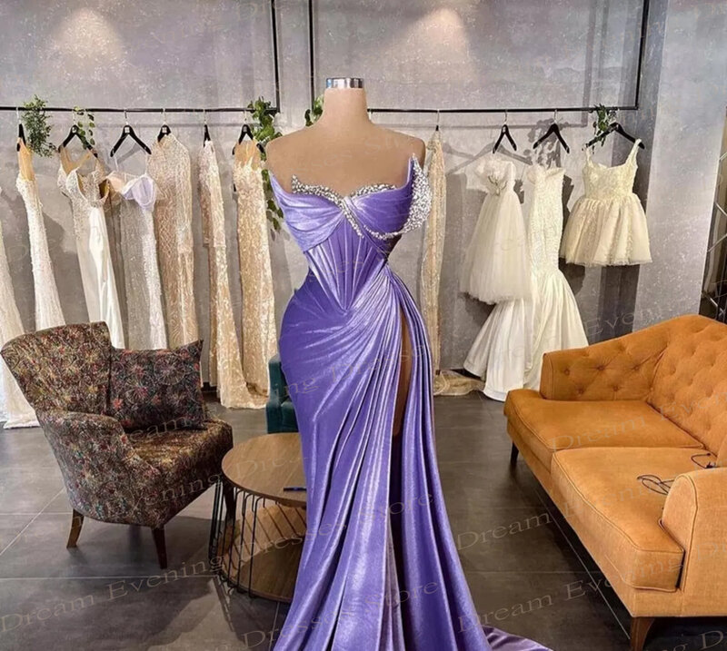 Dubaj arabski elegancki bez ramiączek syrenka fioletowe suknie wieczorowe plisowane seksowne wysokie rozcięcie kobiety na imprezę bal suknie Vestidos De Festa