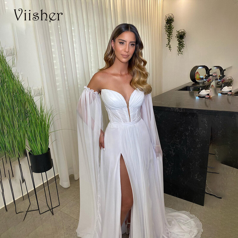 Viisher простые белые свадебные платья с рукавом-накидкой с разрезом сбоку Сексуальное Милое Платье из Израиля гражданское свадебное платье невесты
