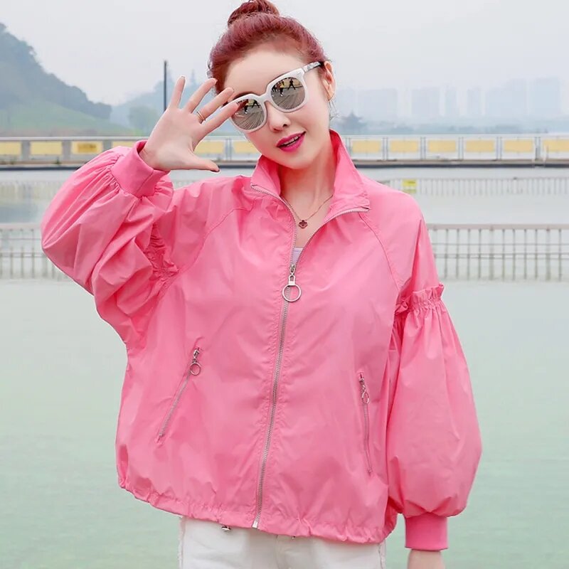 한국 여성 레저 스탠드업 칼라 지퍼, 긴팔 자외선 차단 탑 코트, 한국 루즈핏 프린팅 자외선 차단 재킷
