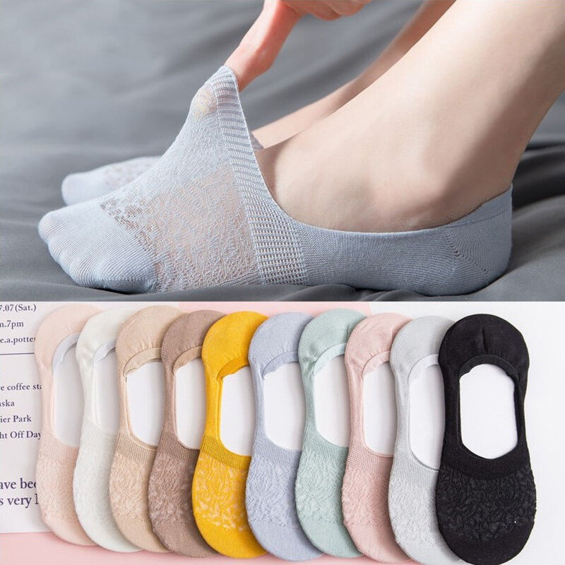 10Piece=5 Pairs Women Summer Thin Mesh Shallow Mouthed Invisible Boat Socks Breathable Comfort Silicone Non-slip Cotton Socks