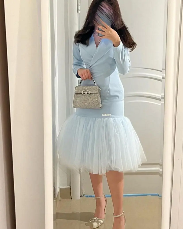 Saudi Arabia Long Sleeves Prom Dresses Mermaid V Neck Homecoming Gowns Tea Length Pleated Tulle Evening Party Dresses