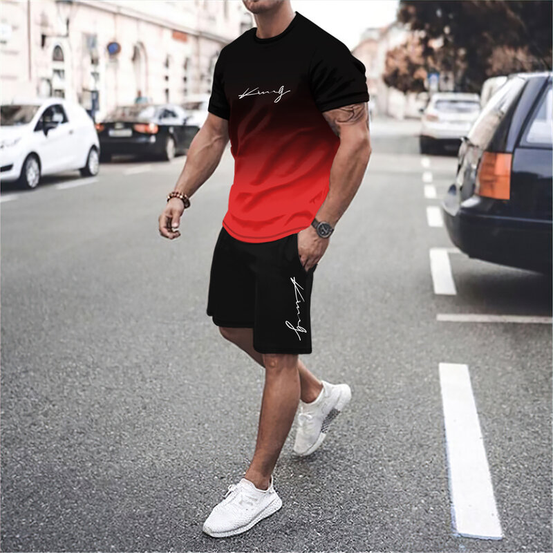 Camiseta de cuello redondo de manga corta con degradado 3D para hombre, top informal de moda, traje deportivo