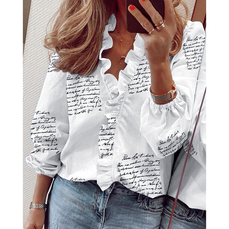 Biała bluzka damska szyfonowe, z falbanami jednolite, luźne Fit damskie topy i bluzki Casual V Neck latarnia rękaw Plus rozmiar koszule tunika