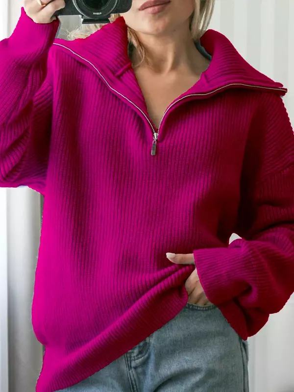 Suéteres com zíperes de gola alta femininos, pulôver solto sólido, manga comprida, suéter casual de malha, moda inverno 2024