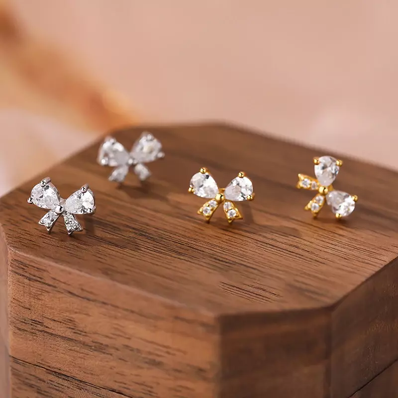 INZATT 100% 925 Sterling Silver Shining Zircon Bowknot Stud Earrings for Women Classic Fine Jewelry Luxury Accessories