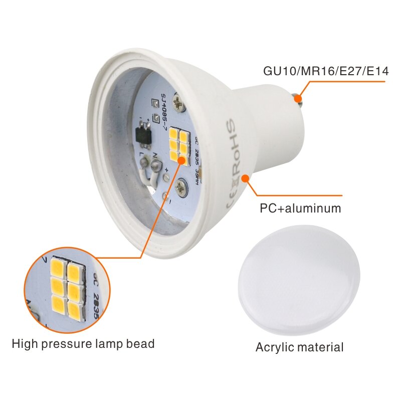 Bombilla LED E27 MR16 para iluminación del hogar, foco de 6W, 220V, 2835SMD, GU10, E14, 10 unids/lote