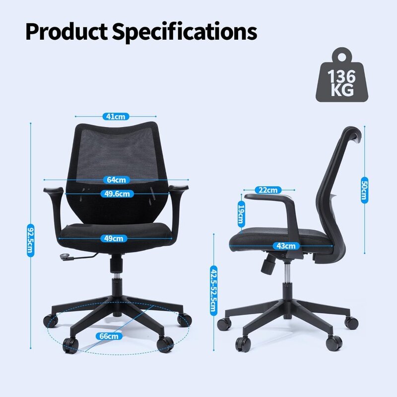 Kursi meja, kursi kantor ergonomis dengan penyangga pinggang bantal bergerak, kursi jala dengan sandaran tangan tetap dan roda PU dimiringkan