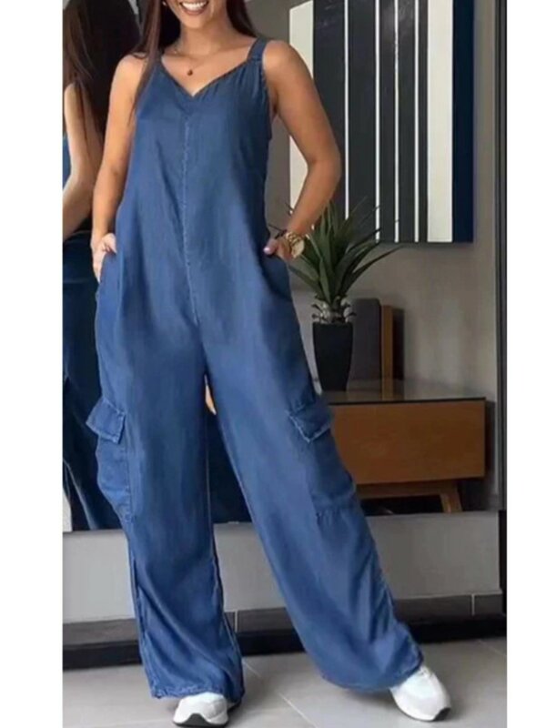 Sexy V Neck Sleeveless Denim Jumpsuit Office Lady Spring Summer Casual Solid Slim Jumpsuit For Women 2024 One Piece Rompers