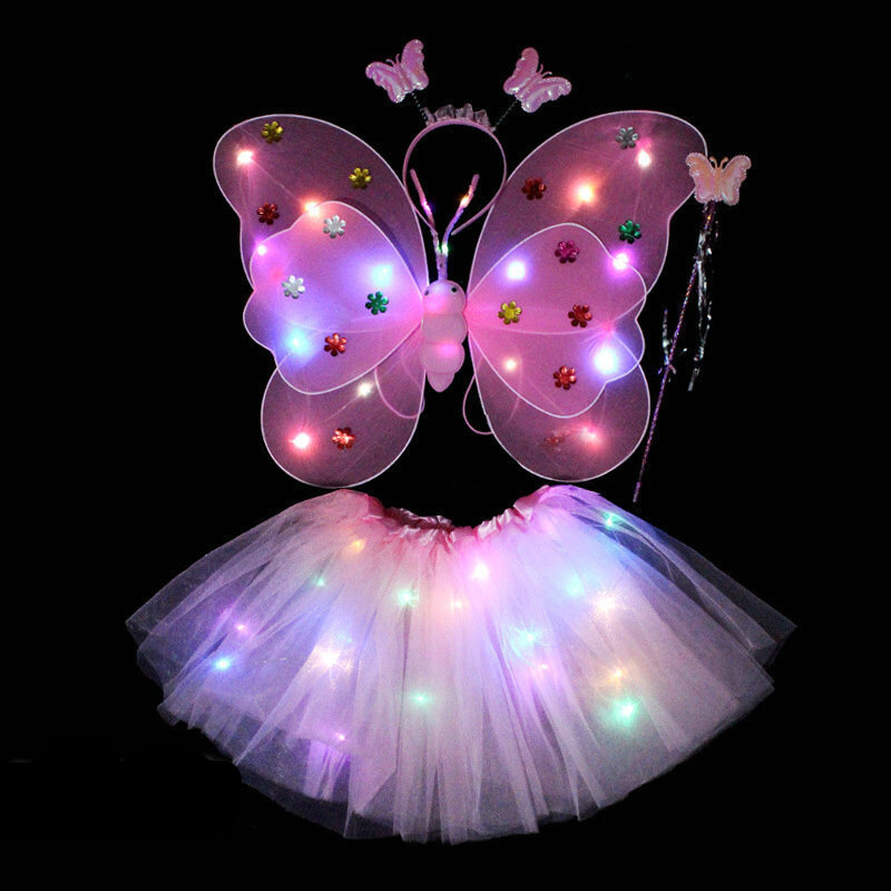 1 Set LED Glowing Fairy Butterfly Wing For Girl Children Costume Light Up Wings Wand Headband Decoration