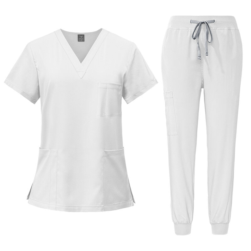 Uniformes de Hospital blancos de moda, ropa de trabajo para enfermera, Salón Dental de belleza, uniforme de logotipo personalizado, conjuntos de Jogger médico Unisex