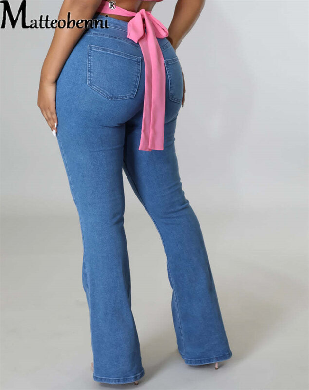 Celana Denim Biru Tua Fashion Jeans Wanita Pinggang Tinggi Menyala Celana Panjang Kaki Lebar Baru Streetwear Katun Longgar Lurus Vintage Kasual
