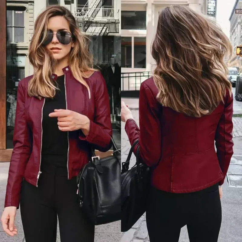 단색 긴팔 지퍼 PU 코트, Y2K 여성 패션 가죽 블레이저 포켓, 가을 캐주얼 가죽 재킷