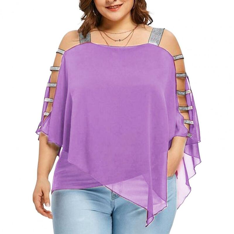 Camisetas de talla grande para mujer, Top informal de manga de murciélago con cuello de barco ahuecado, Color sólido