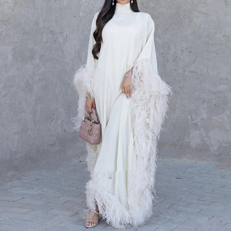 Ivory Prom Dress With Feather Shawl Long Sleeve High Neck Muslim Formal Dress Dubai Saudi Arabia Elegant Evening Dress