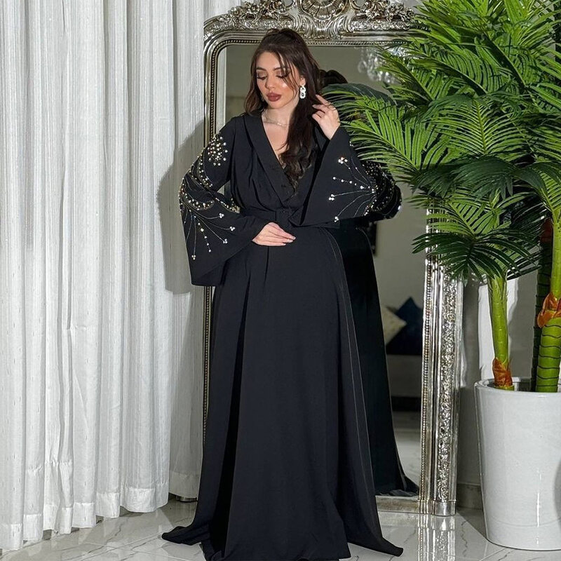 Vestido de Dubái musulmán islámico de Oriente Medio, elegante bata con cinturón, moda de lujo árabe marroquí
