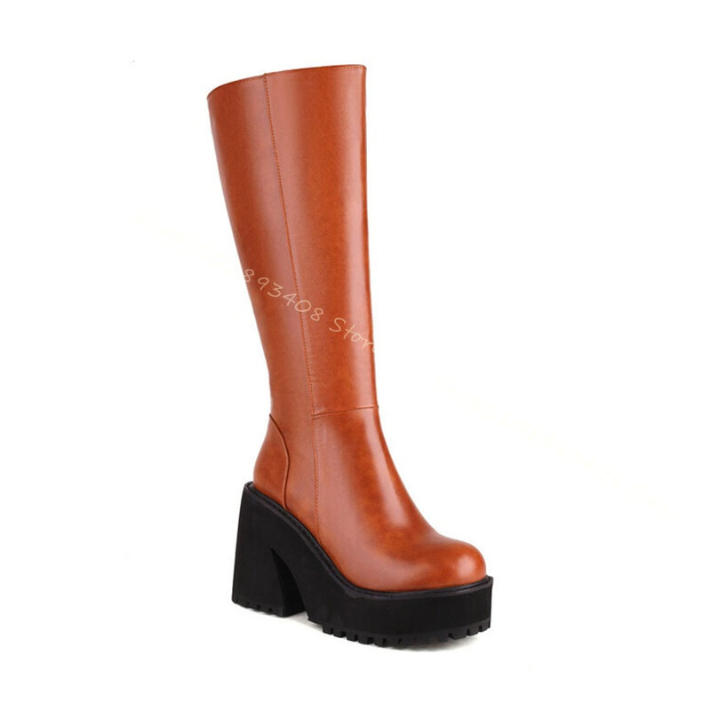 Botas de plataforma con punta redonda Para mujer, Zapatos de tacón alto grueso con cremallera lateral, color marrón, talla grande, Otoño, 2023