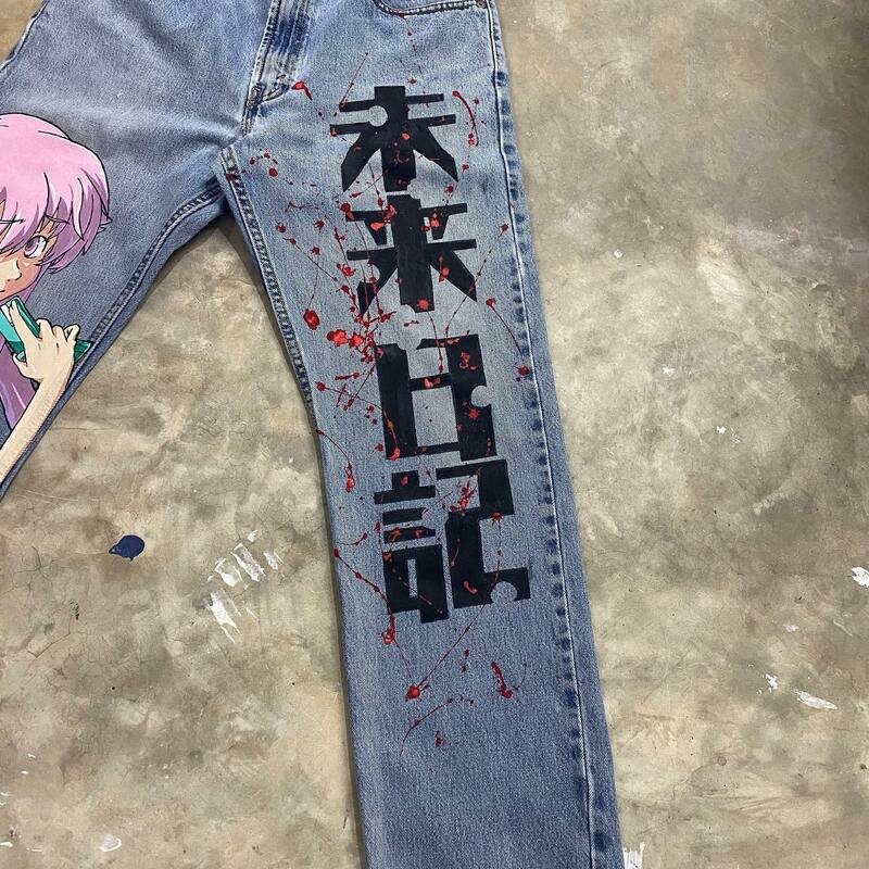 Retro workowate dżinsy graficzny Hip Hop nadruk Anime jeansy New Harajuku jeansy Y2k męskie kobiety Goth wysoki stan szerokie spodnie
