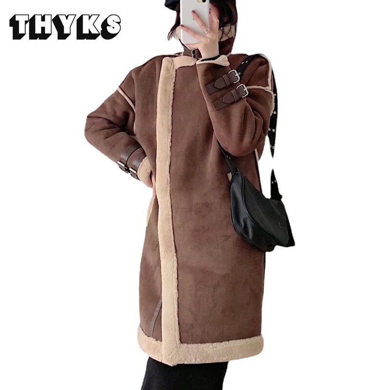 Abrigo largo de ante para mujer, chaqueta gruesa con cremallera, rompevientos de imitación de piel de oveja, Cachemira, otoño e invierno, 2023
