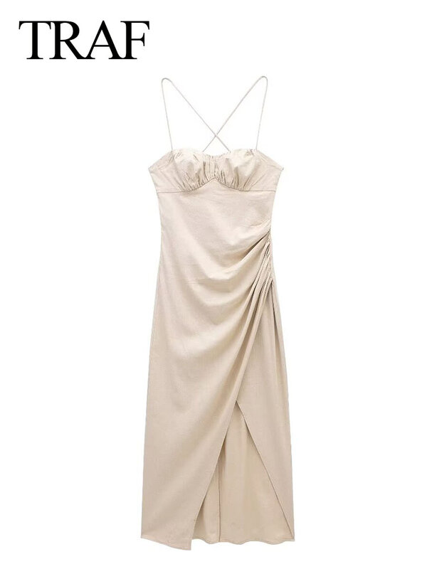 TRAF Summer Elegant Solid Folds abito con bretelle Casual Backless senza maniche Split Causal 2024 abiti da donna All-Match alla moda