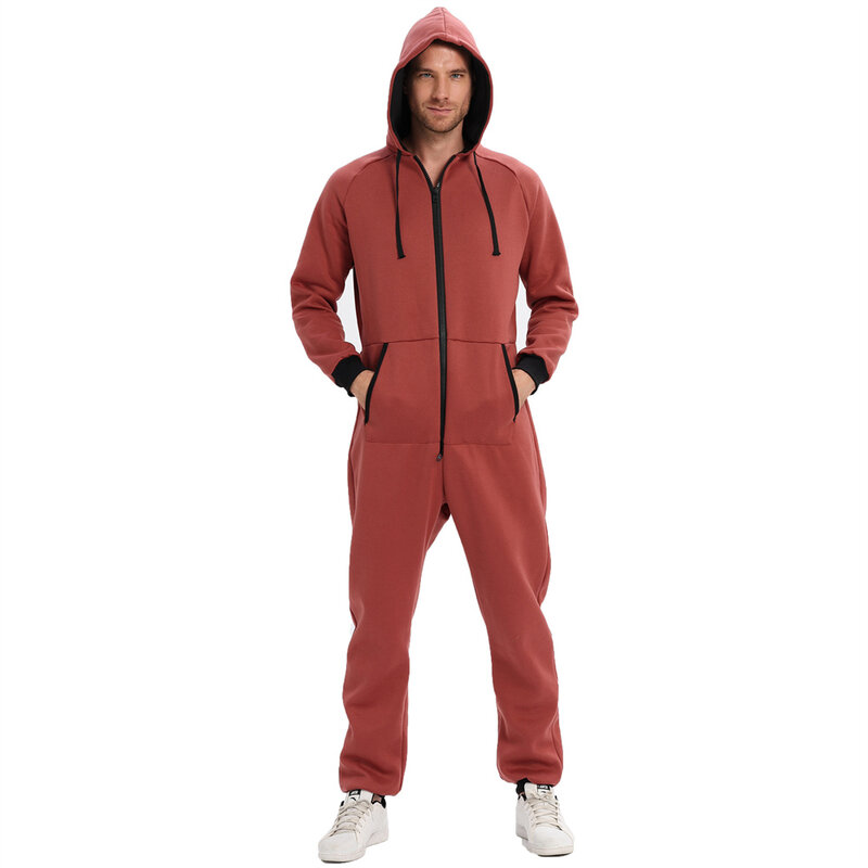 Autumn Winter Thickened Men's One-Piece Pajamas Loose Casual Hooded Sweater Sleepwear with Pocket Warm Male Jumpsuit Home Wear