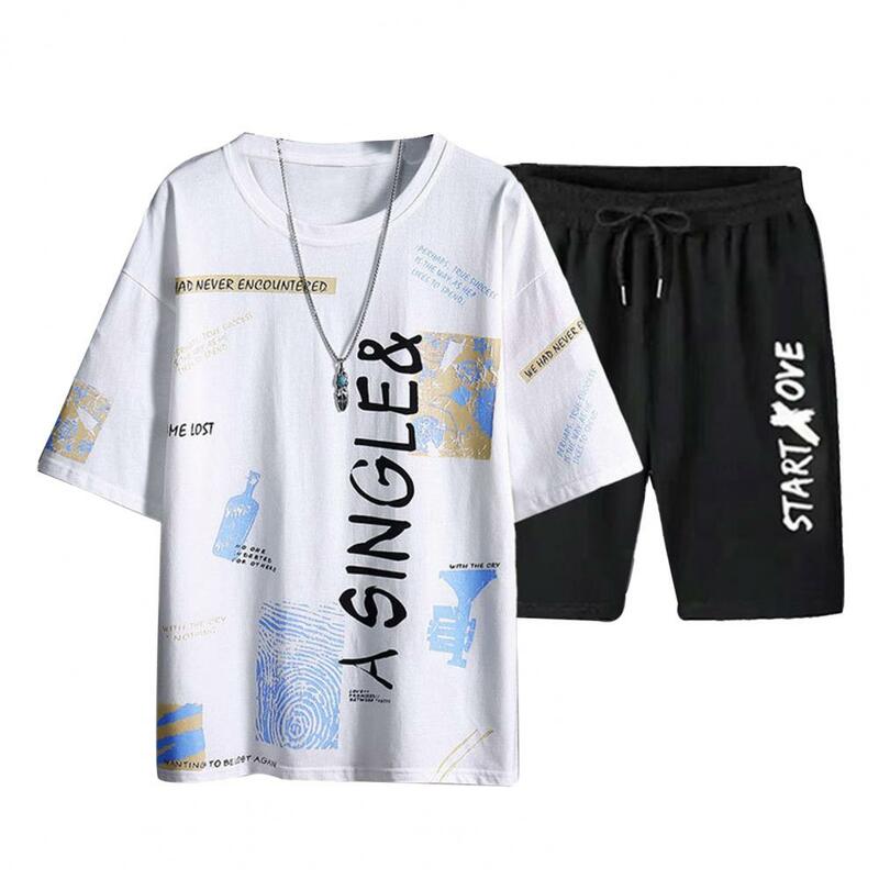 Men T-shirt Shorts Set Men's Letter Print Sport Suit with O-neck Tee Shirt Elastic Waist Shorts Set for Active Lifestyle Sports
