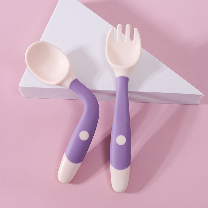 2PCS Silicone Spoon Fork Set for Baby Utensils Auxiliary Food Toddler Learn To Eat Training Bendable Soft Fork Infant Tableware