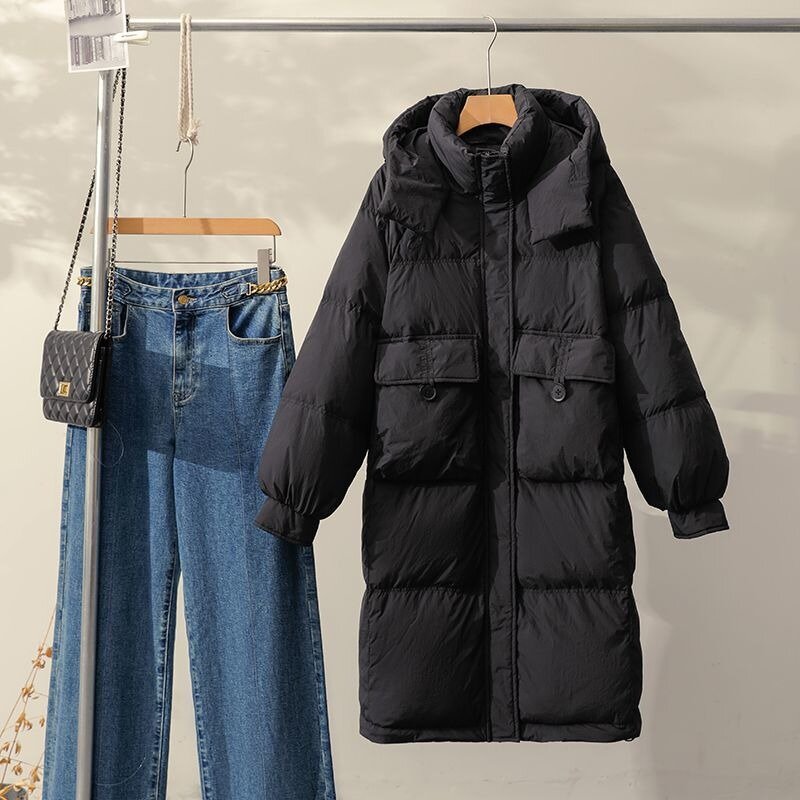 Jaket Down parka wanita, mantel hangat longgar parka berkerudung panjang ukuran besar kasual musim dingin 2023