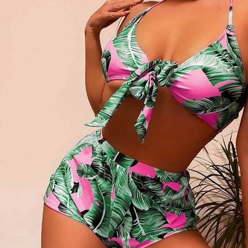 Women's New Border Swimwear Three Piece Bikini Flower Print Drawstring Lace Up Swimwear Swim Tights for Women 2x