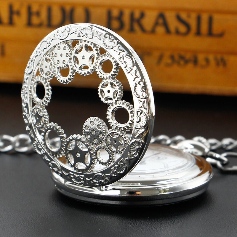 Luxury Silver Circle Gear Analog Design Quartz Pocket FOB Watch Retro Fashion Pocket Watches Necklace For Men Women